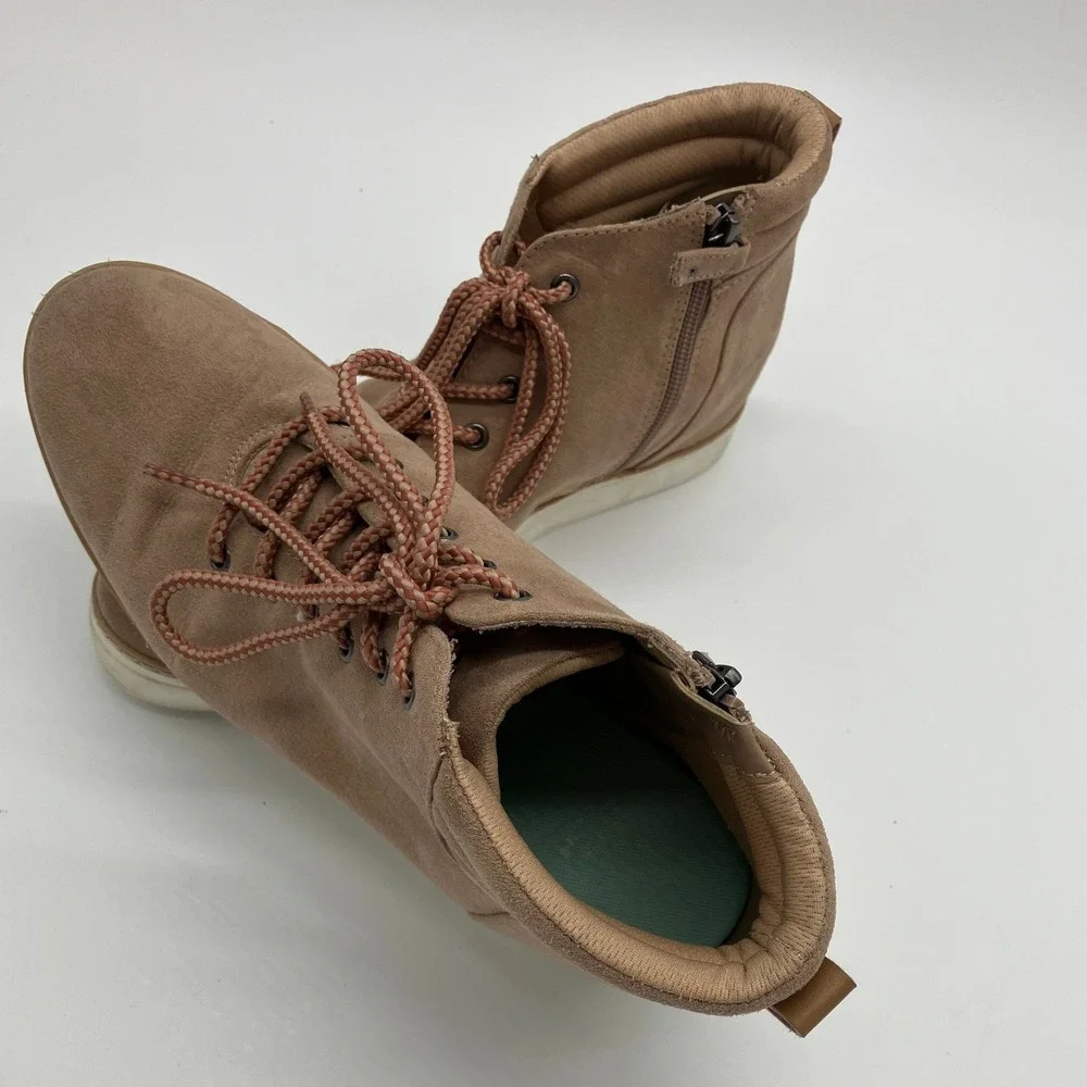 Dr. Scholls Suede Wedge Sneakers Tan Lace Up Side Zip Boots Womens 9.5M